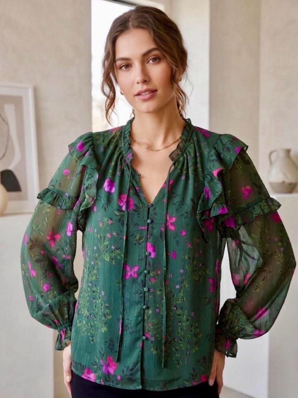 Sugarlips Green Floral Ruffle-Trim Blouse with Hot Pink Flowers